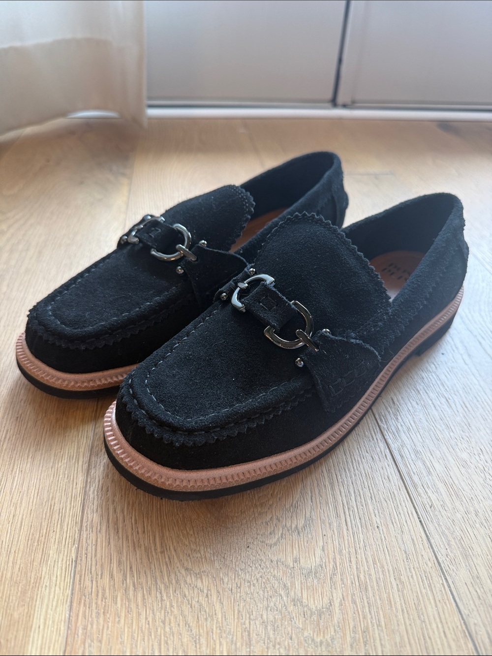 Donald J. Pliner Black Suede Loafers with Tan Trim and Metal Bit size 9